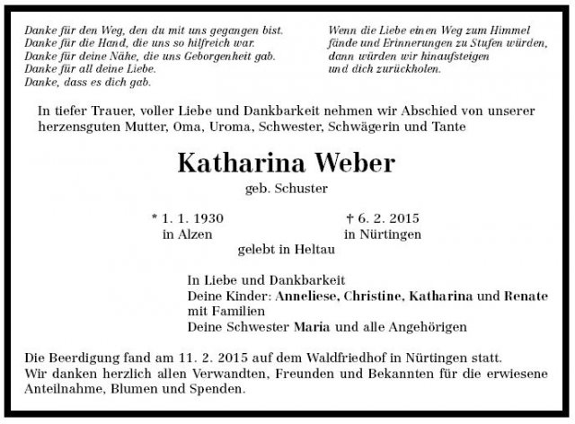 Schuster Katharina 1930-2015 Todesanzeige